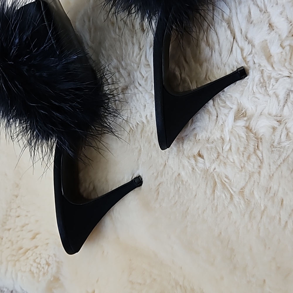 Vintage Jacques Levine Black Satin + Feather Mules - Picture 3 of 7